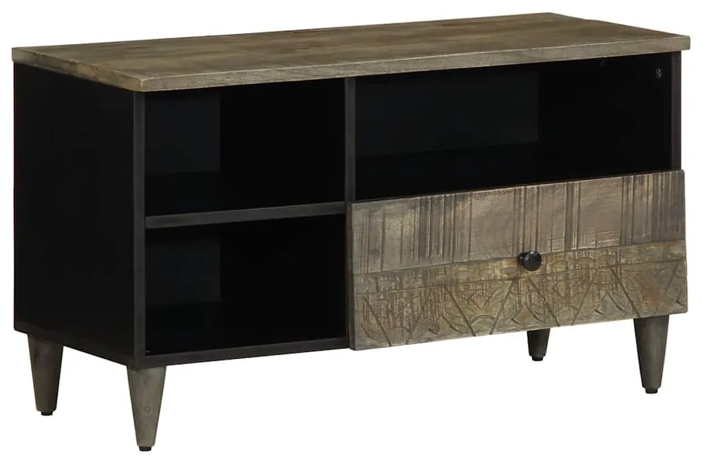 Mobile Porta Tv Nero 80x33x46 Cm İn Legno Massello Di Mango /