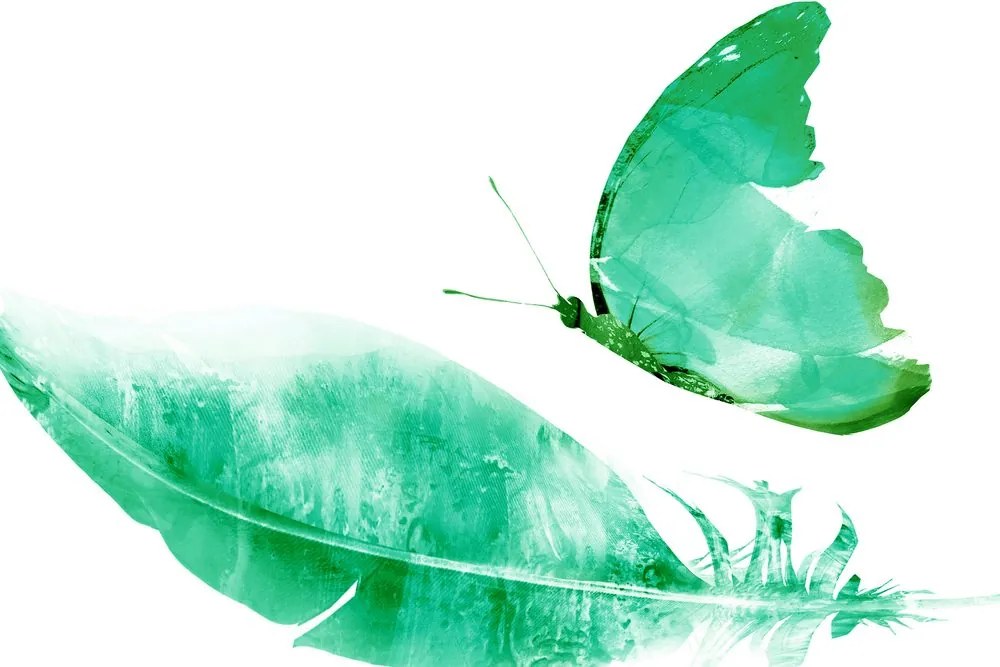 Stampa su tela – Piuma con farfalla in verde