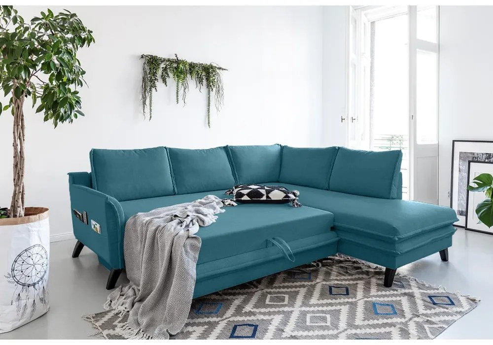 Divano letto angolare turchese L, angolo destro Charming Charlie - Miuform