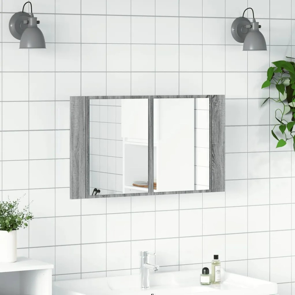 Armadietto a specchio con led grigio sonoma 80x12x45cm acrilico