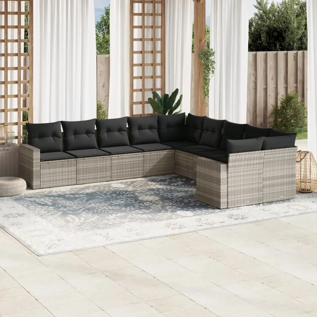 Set divano giardino 10 pz con cuscini grigio chiaro polyrattan