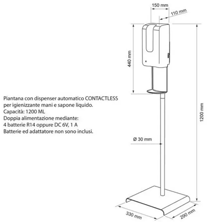 Dispenser Automatico per Gel Igienizzante da 1200 ml con Piantana da Appoggio