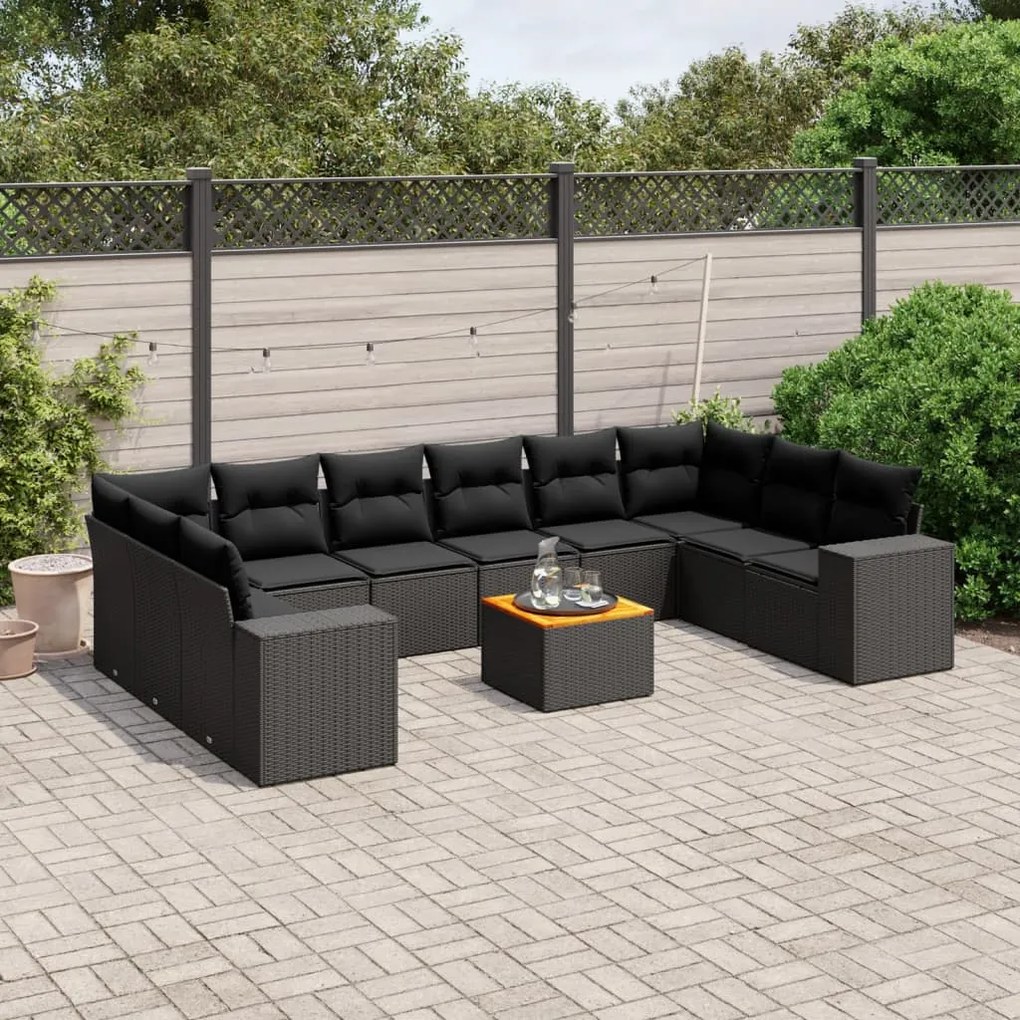 Set Divani da Giardino 11 pz con Cuscini in Polyrattan Nero