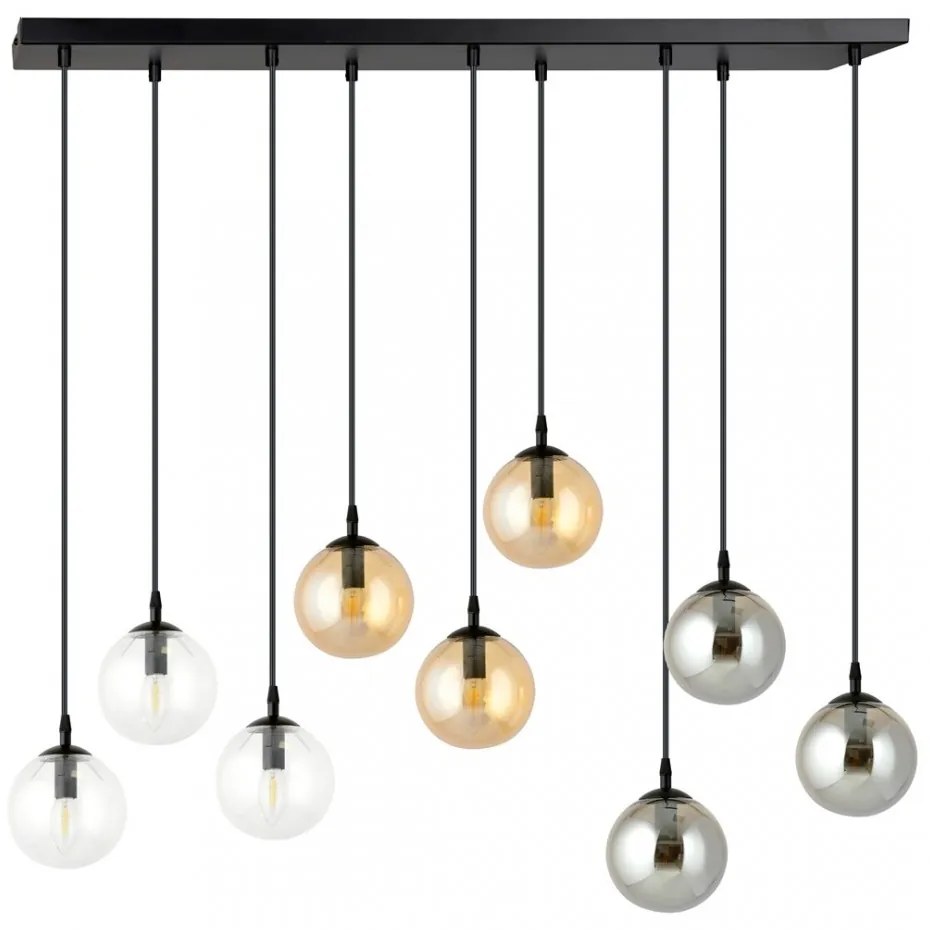 Lampadario a Sospensione in Acciaio e Vetro COSMO 9 Nero 9xE14 Colore delle Sfere Grafite, Trasparente, Ambrata