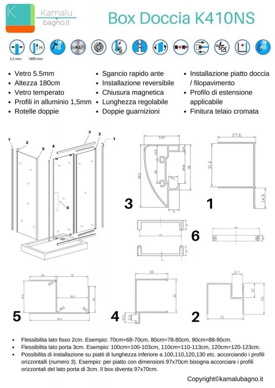 Kamalu - Box doccia 170x80 cm laterale fisso 80cm altezza 180cm apertura scorrevole | K410NS