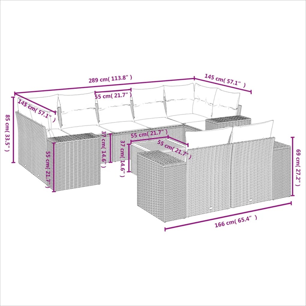 Set divano da giardino 10 pz con cuscini grigio in polyrattan