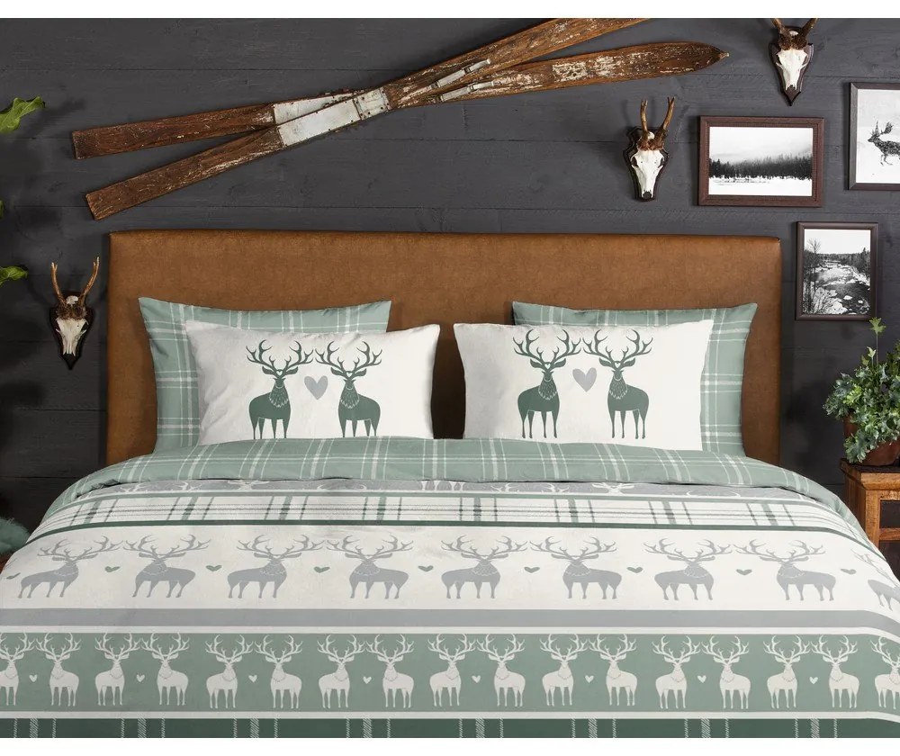 Biancheria da letto in flanella verde e crema per letto singolo 140x200 cm Bjirk - Good Morning