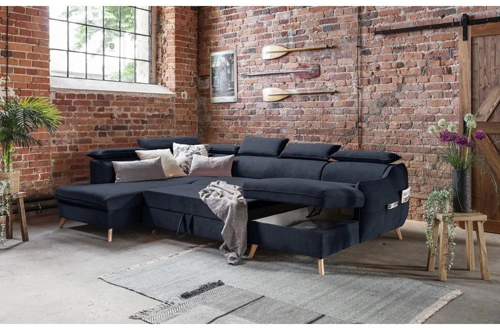 Divano letto angolare a U in velluto blu scuro (angolo sinistro) Sweet Harmony - Miuform