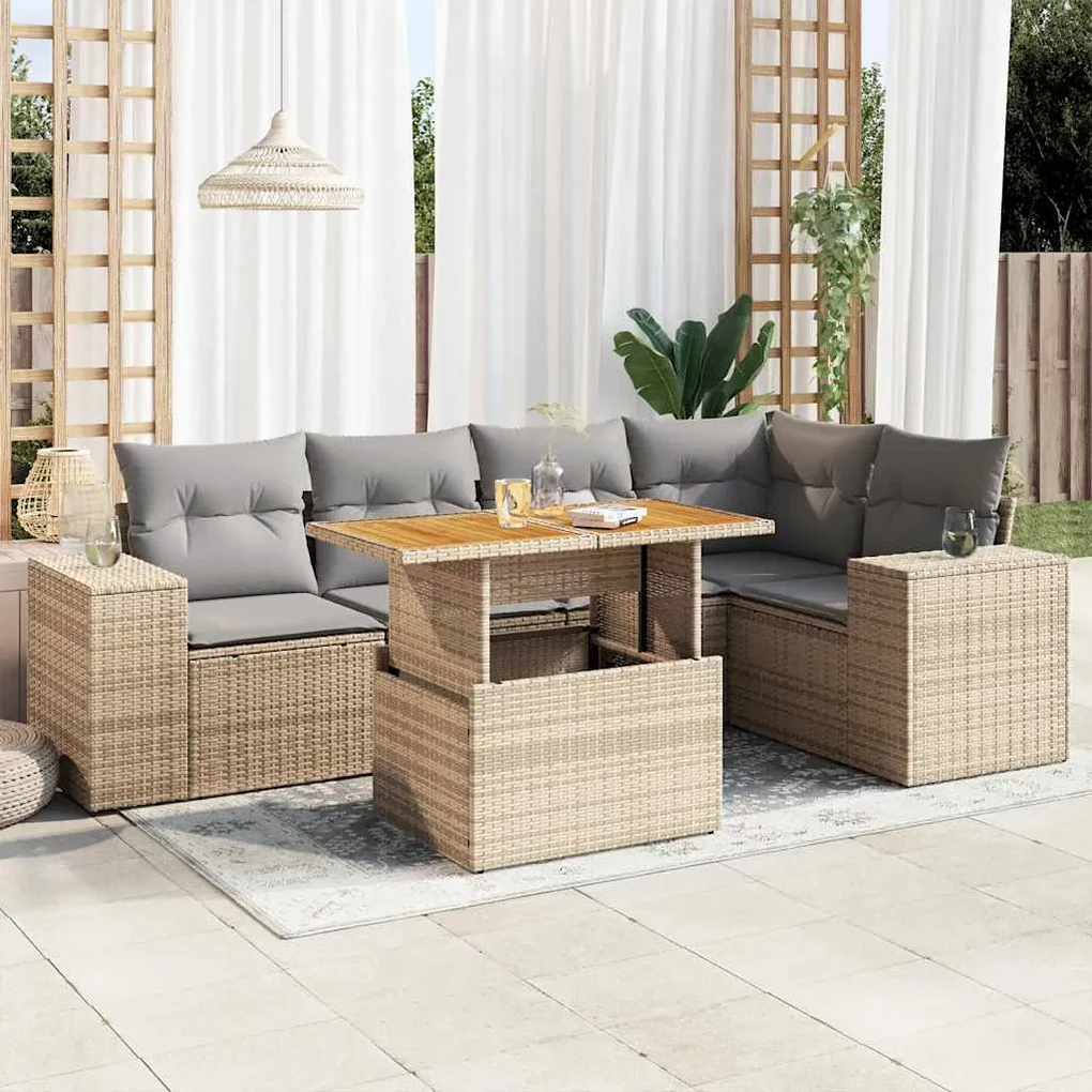 Set divano da giardino 6 pz con cuscini beige in polyrattan