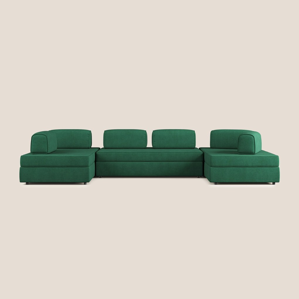 Liberty divano panoramico con pouf estraibile e schienali movibili in tessuto morbido impermeabile T02 verde