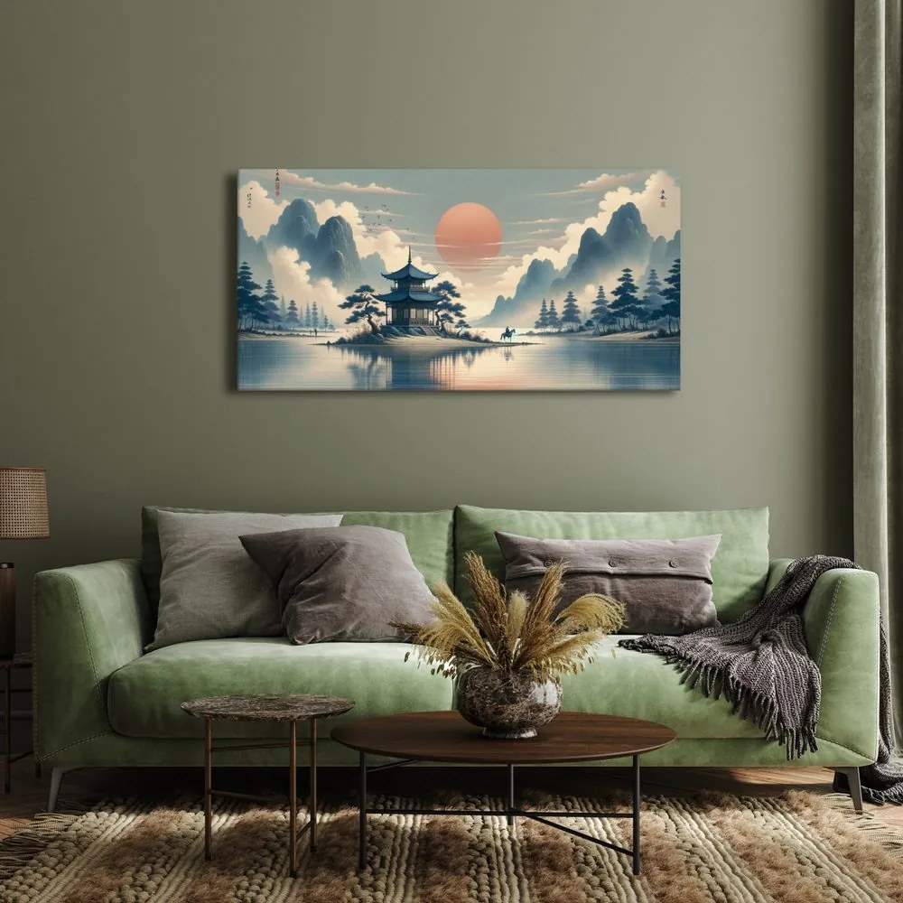 Quadro su tela – Cavaliere vicino a pagoda tra le montagne