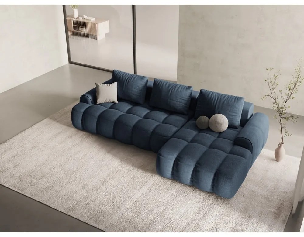 Divano angolare blu scuro allungabile/con contenitore (con penisola a destra/con chaise lounge) Linz – Cosmopolitan Design