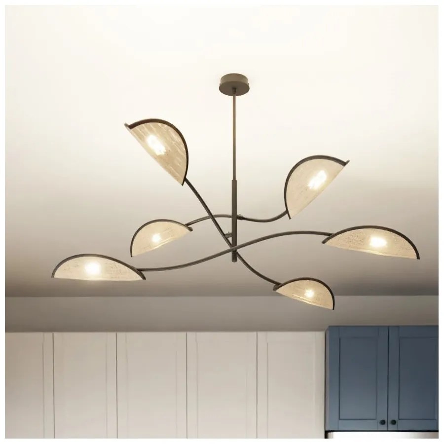 Lampadario a Sospensione in Acciaio e Tessuto LOTUS 6 Nero 6xE14 Colore del corpo Nero e Rattan