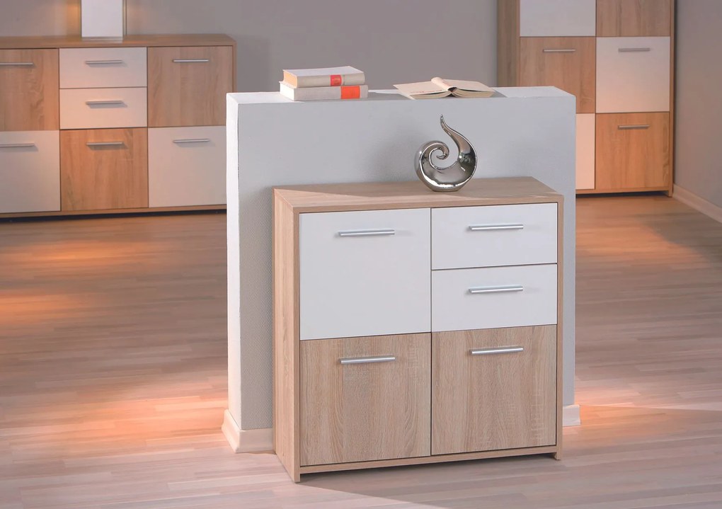 Credenza 5 cassetti in laminato rovere e bianco