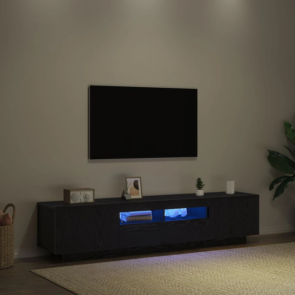 Mobile tv con luci led, nero rovere, 180x35x40 cm, in legno ingegnerizzato