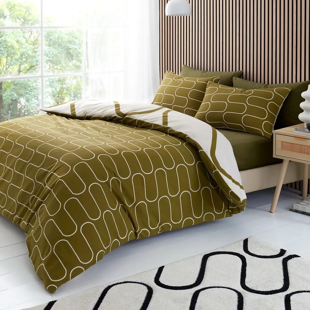 Set copripiumino e federa color kaki e beige per letto matrimoniale e per letto esteso 230x220 cm Linear Curve – Catherine Lansfield