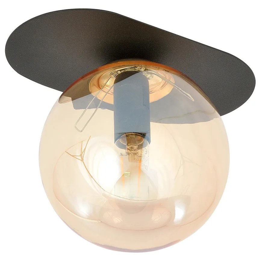 Plafoniera Minimal 1 Luce Teia In Acciaio Nero E Sfera Vetro Ambra