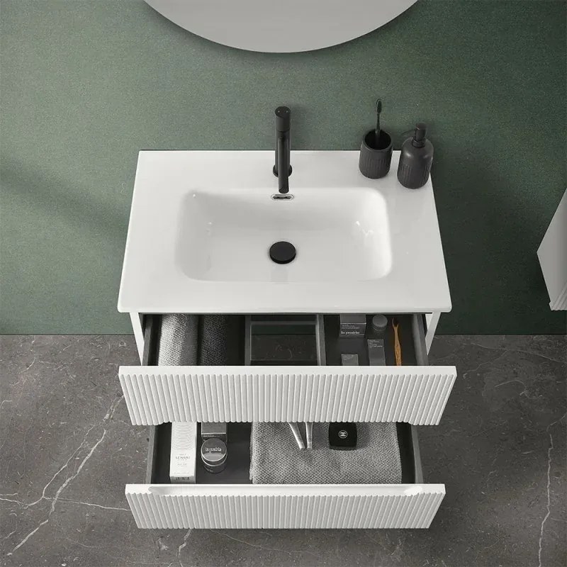 Mobile bagno sospeso 80 cm bianco opaco cannettato con specchio Bali