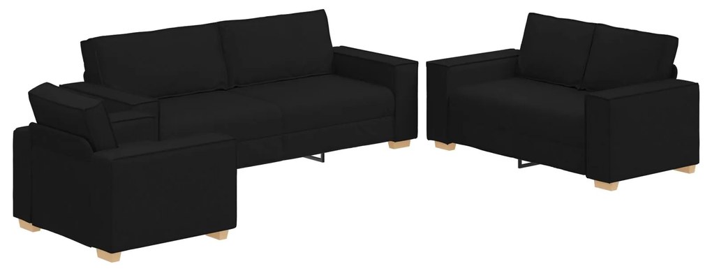 Set divano a 3 pezzi con cuscini in tessuto nero