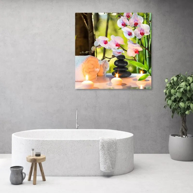 Quadro su tela, Candele spa e fiori di orchidea  Dimensioni 40x40