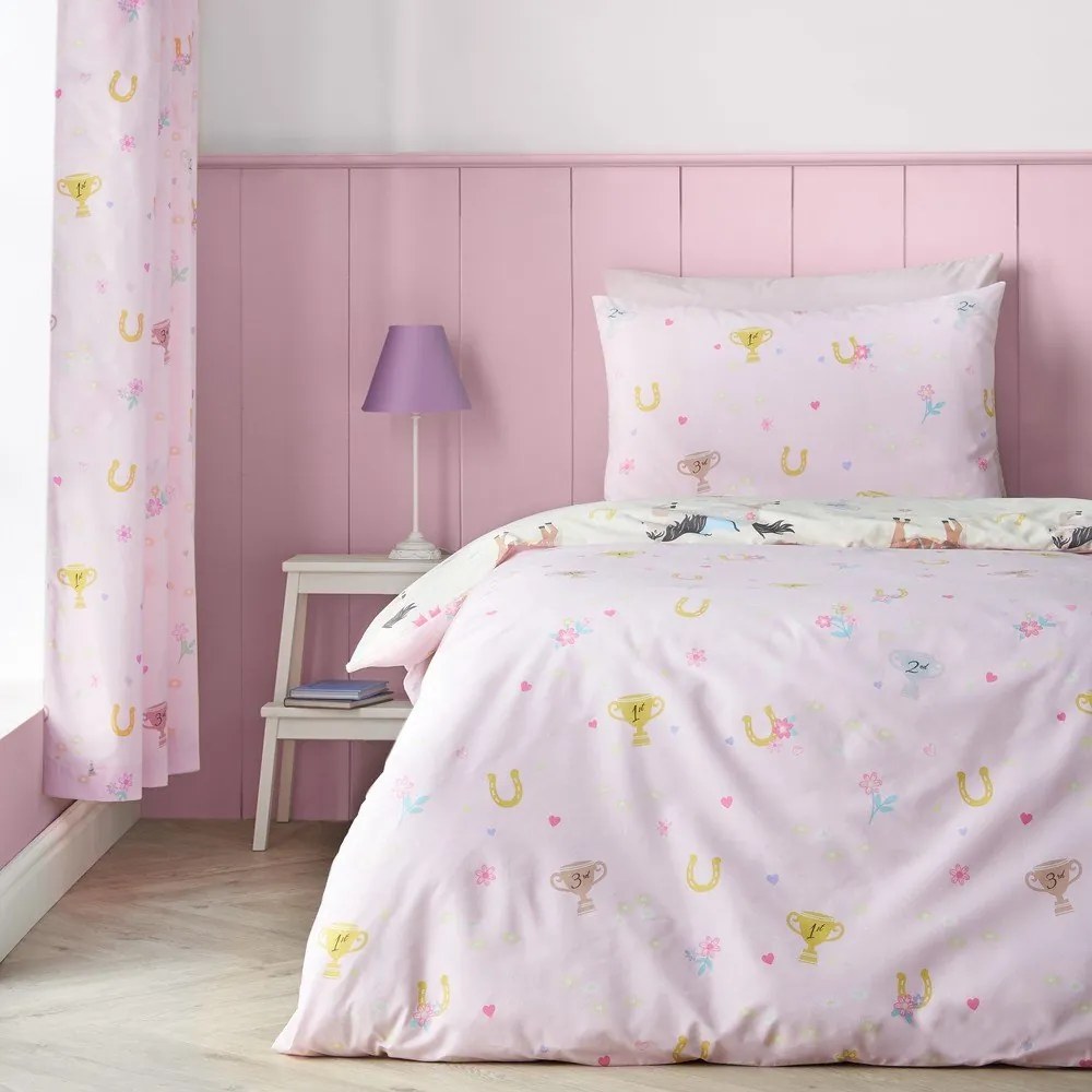 Set copripiumino e federa da bambini rosa/color crema per letto singolo 135x200 cm Happy Horses – Catherine Lansfield