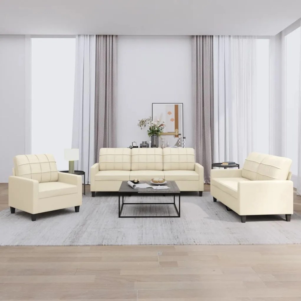 Set Di Divani 3 Pz Con Cuscini Crema İn Similpelle /