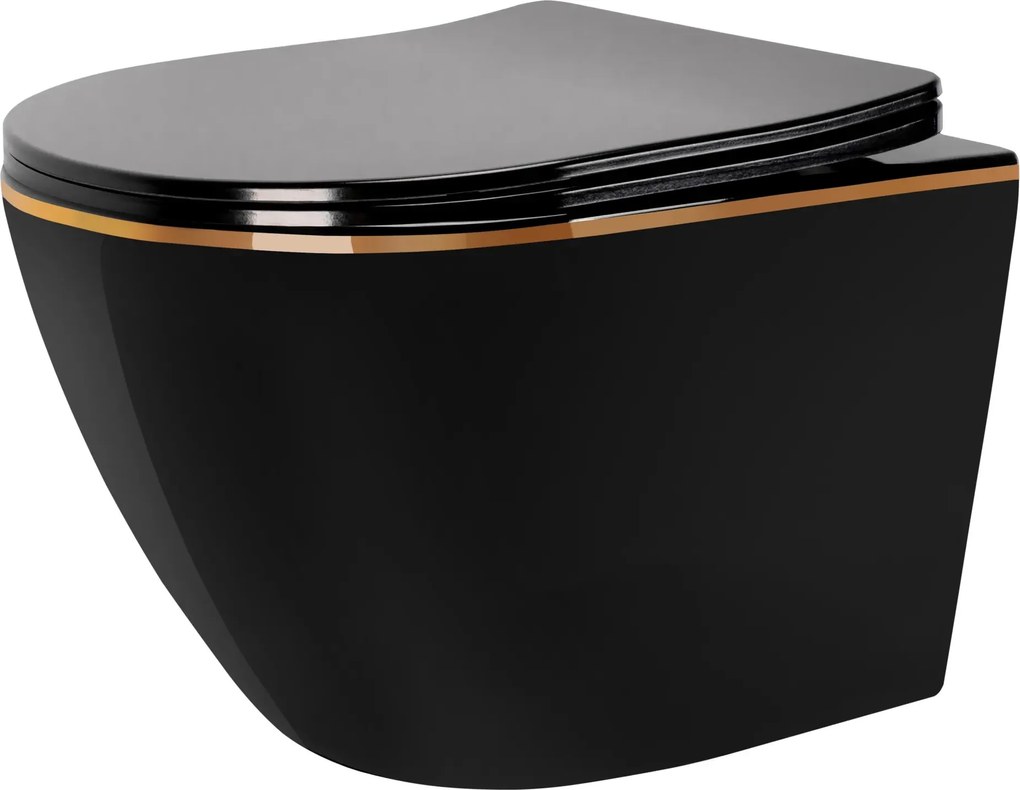 Vaso WC sospeso Rea CARLO Mini Rimless Duroplast Flat Black Gold Edge