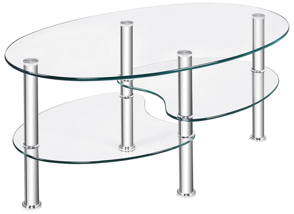 Costway Tavolino da caffè in vetro a 3 ripiani da salotto Tavolo da tè con design ovale per casa e ufficio  89x51x45cm Trasparente