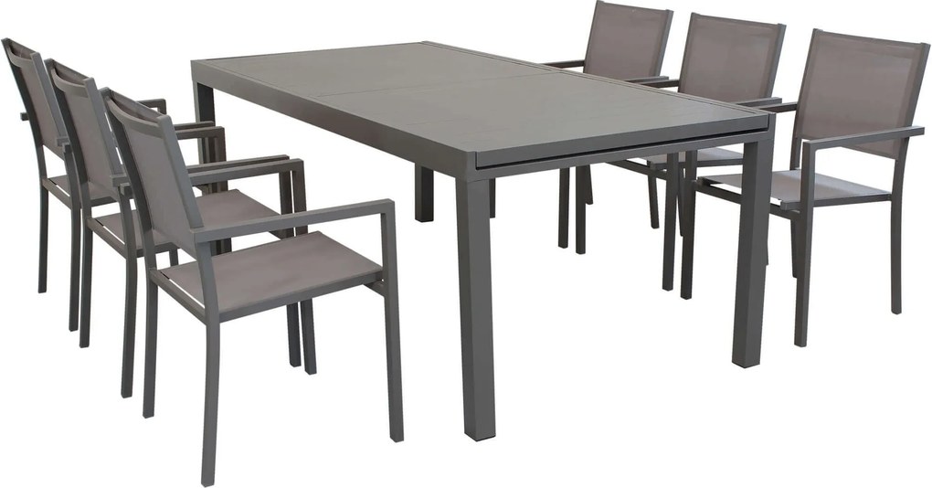 DEXTER - set tavolo in alluminio cm 200/300 x 100 x 74 h con 6 poltrone Venus