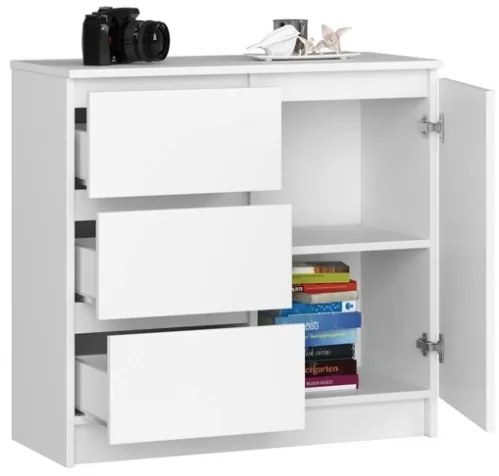 Cassettiera Credenza 80 Cm 3 Cassetti 1 Anta Laterale Artika Bianca