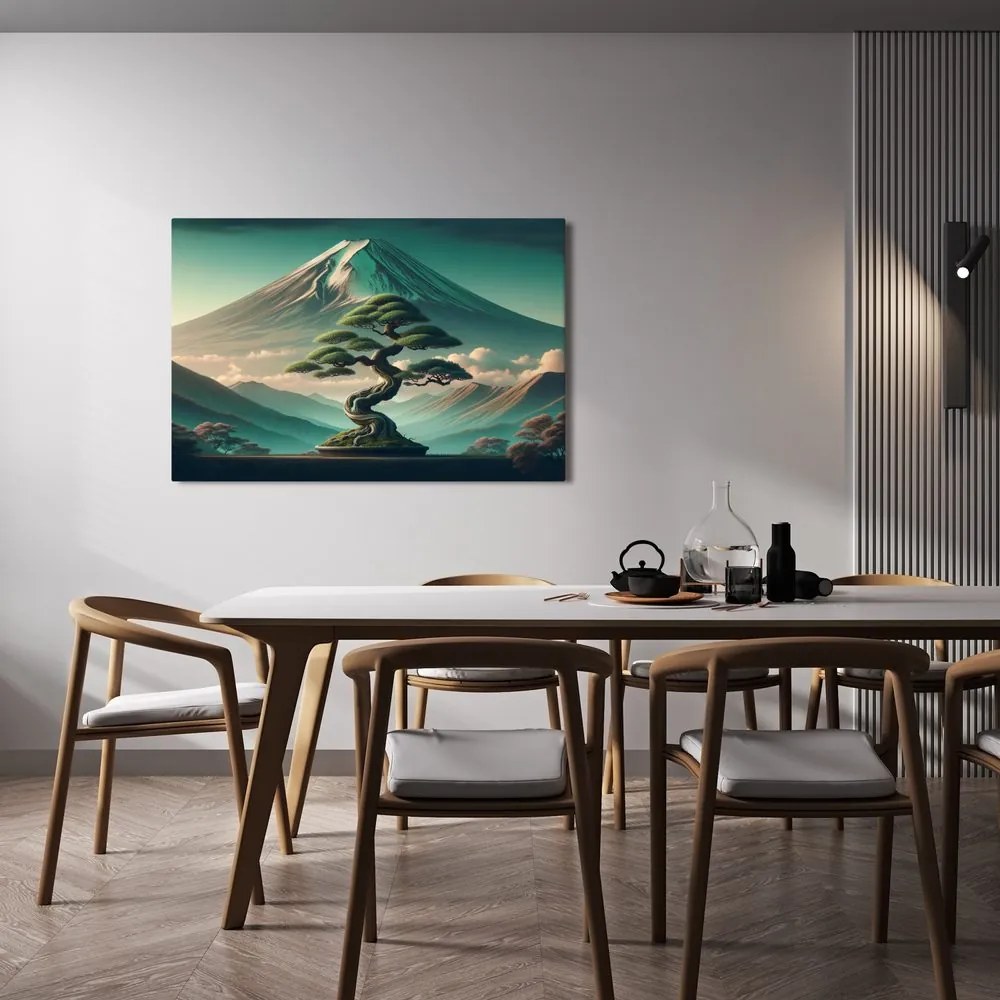 Quadro su tela – Bonsai e montagna in stile giapponese