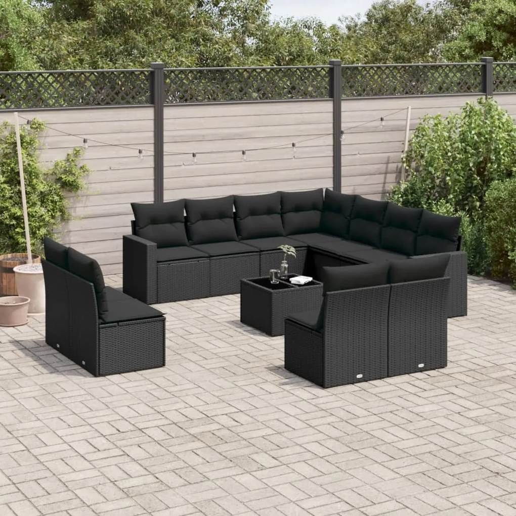 Set divani da giardino 12 pz con cuscini nero in polyrattan