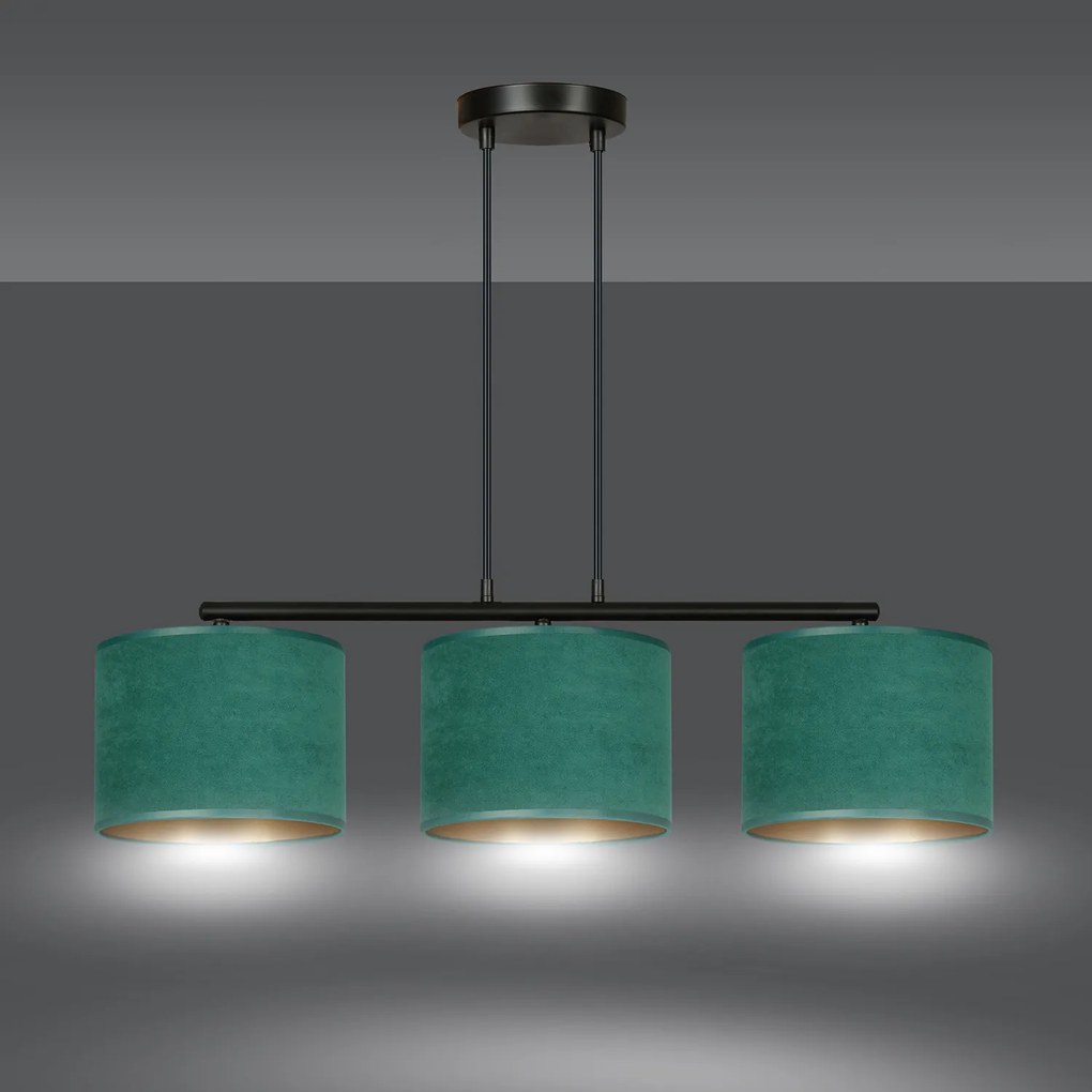 Lampadario 3 Luci Ganesha In Acciaio Nero E Paralumi In Tessuto Verde