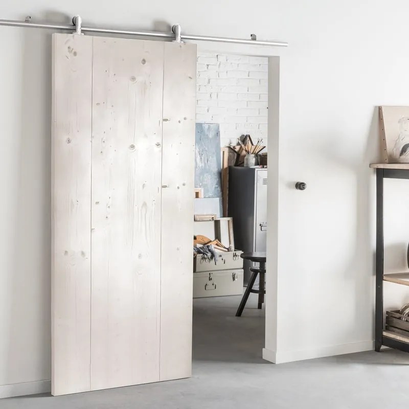 Porta scorrevole reversibile Barn bianco in acciaio bianco, L 86 x H 215 cm, con binario Ermes
