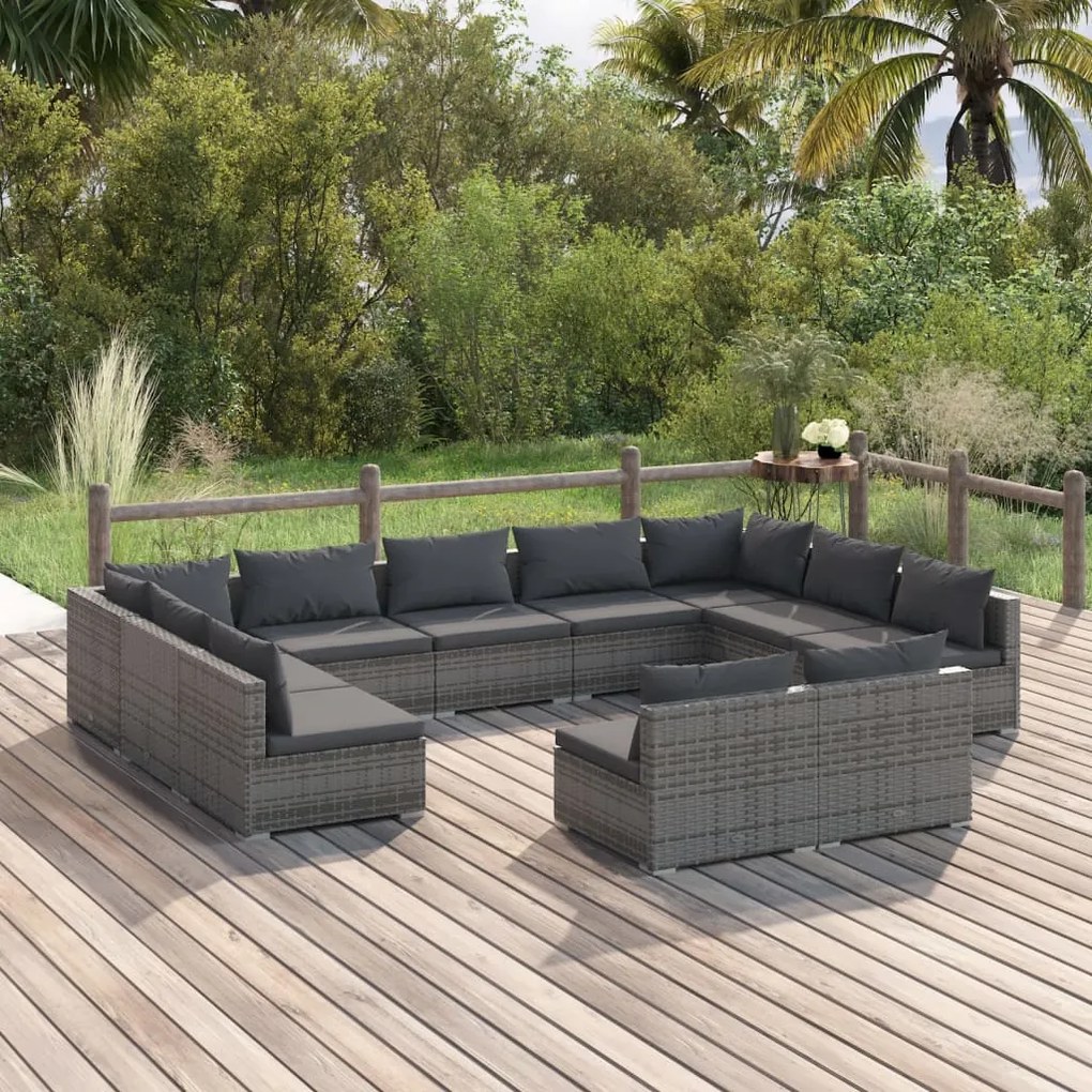 Set Divani da Giardino 11 pz con Cuscini in Polyrattan Grigio