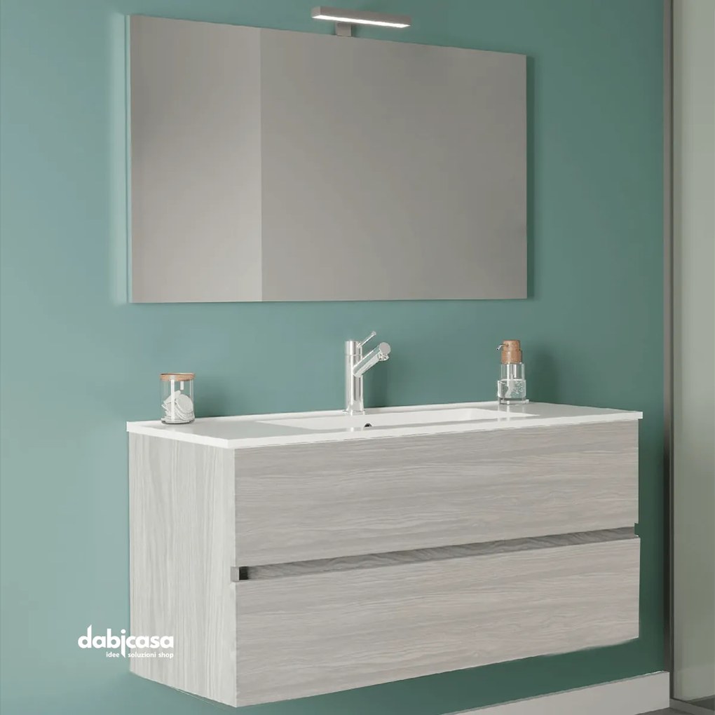 Mobile Bagno Sospeso "Easy" Da 100 Cm Composto Da Due Cassetti Lavabo E Specchio Con Lampada Led Finitura Rovere Grigio