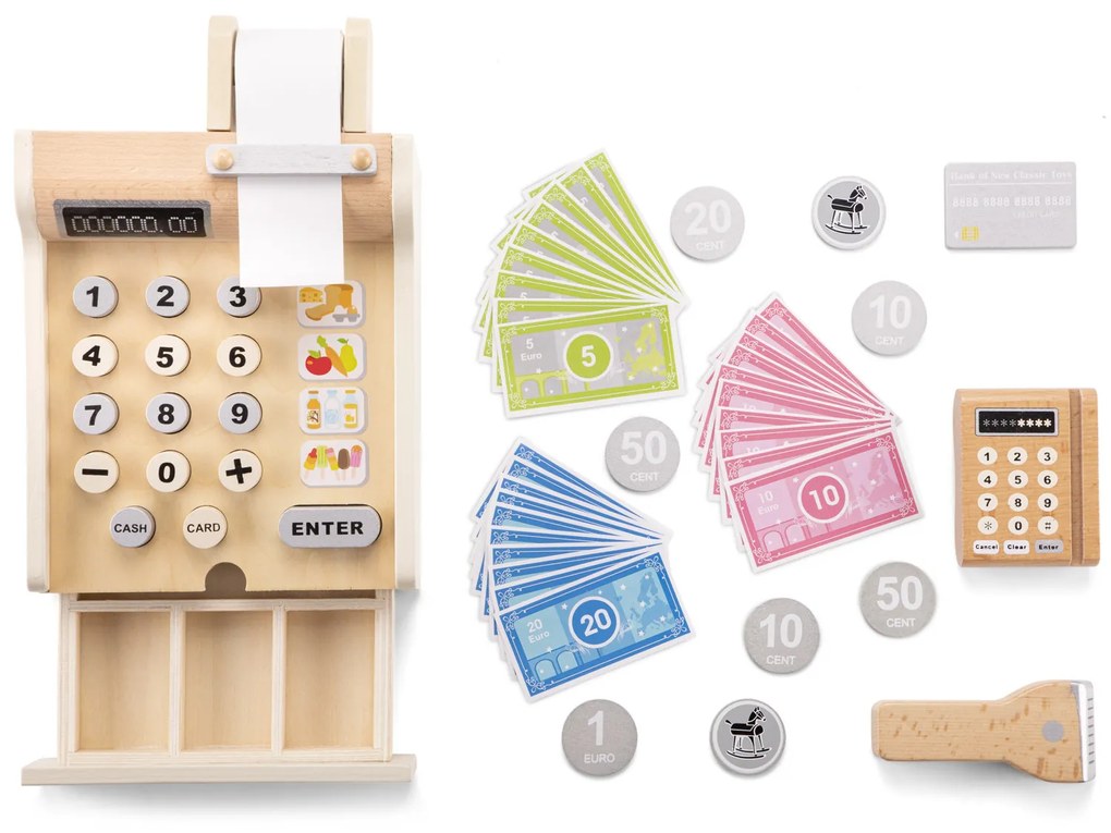 Registratore di cassa in legno con accessori