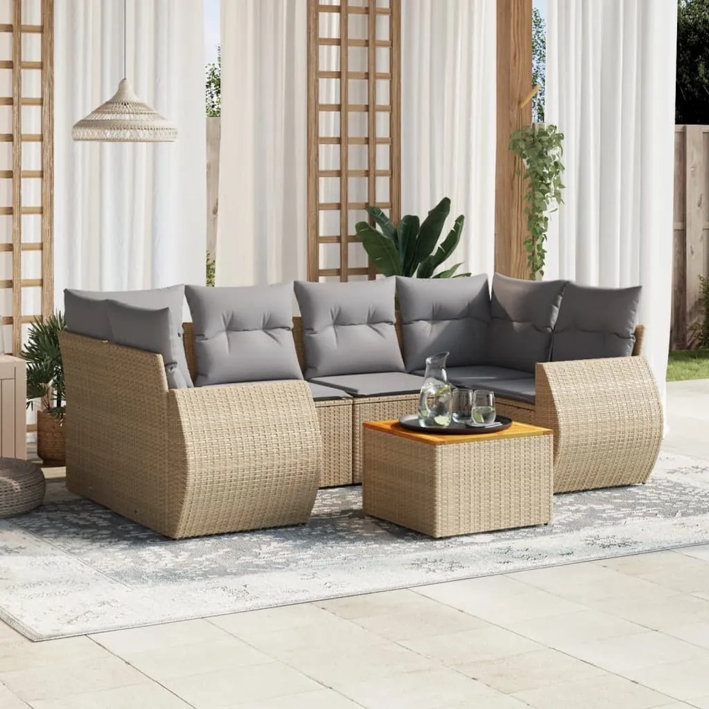 Set Divani da Giardino 7 pz con Cuscini Beige in Polyrattan