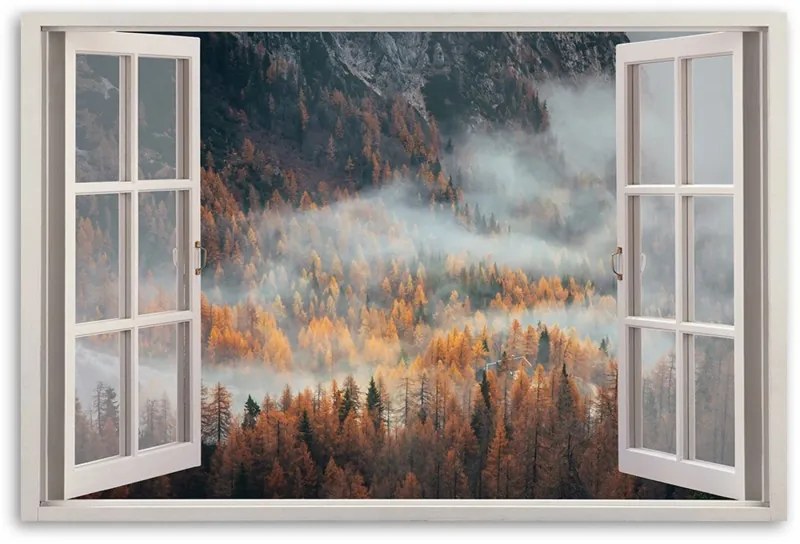 Quadro su tela, Finestra autunnale della nebbia in montagna