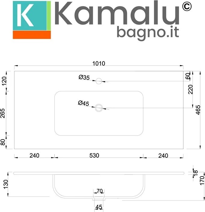 Lavabo da incasso 101cm ceramica bianca | Litos-K7100 - KAMALU