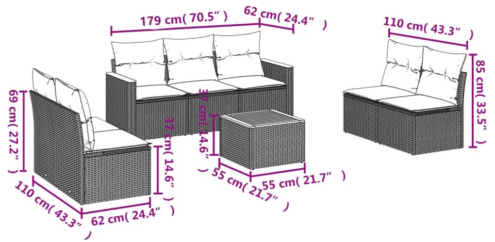 Set divani da giardino con cuscini 8 pz nero in polyrattan