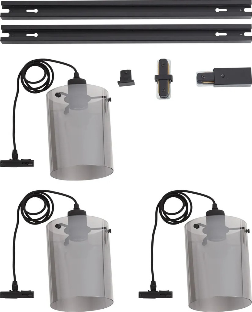 Sistema a binario monofase moderno nero con 3 lampade a sospensione in vetro fumé - Iconic Dome