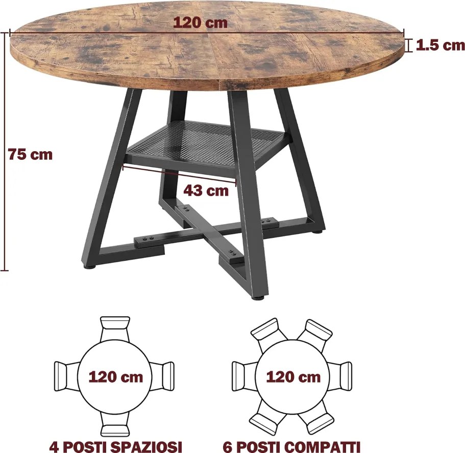 Tavolo per Sala da Pranzo Tondo Ø120 cm Stile Industrial con Ripiano Effetto Legno...
