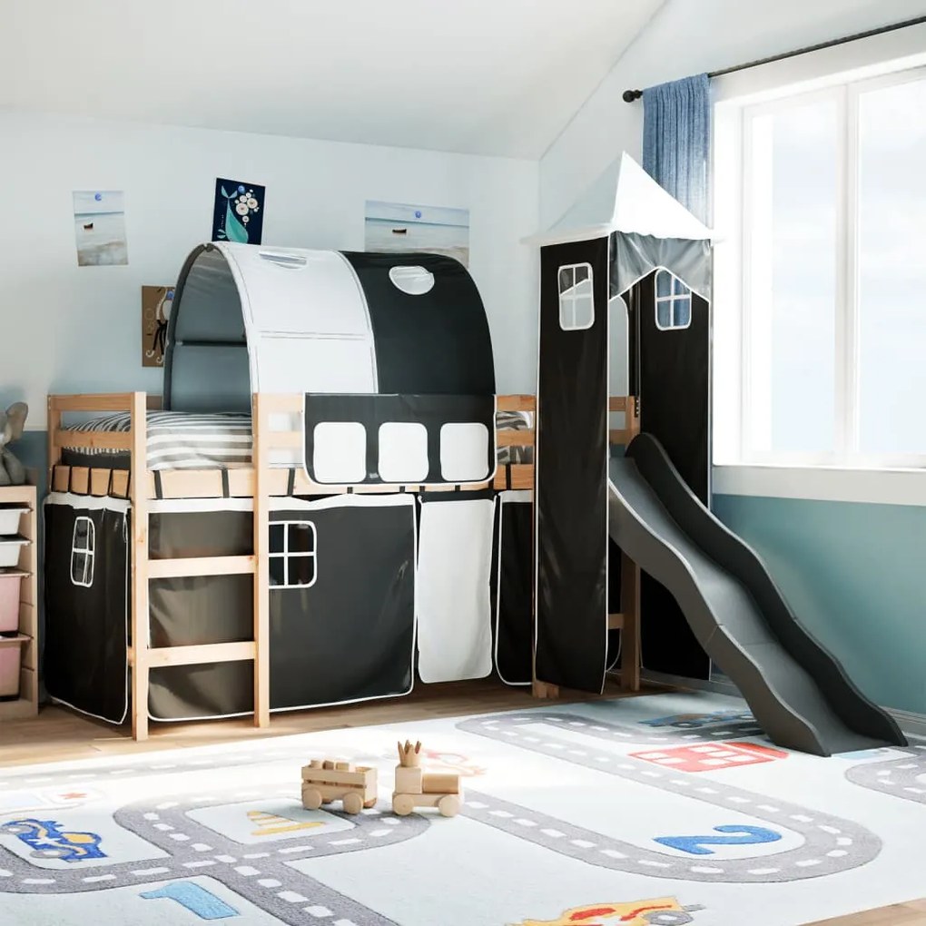 Letto A Soppalco Con Torre Bambini Bianco E Nero 80x200cm Pino /