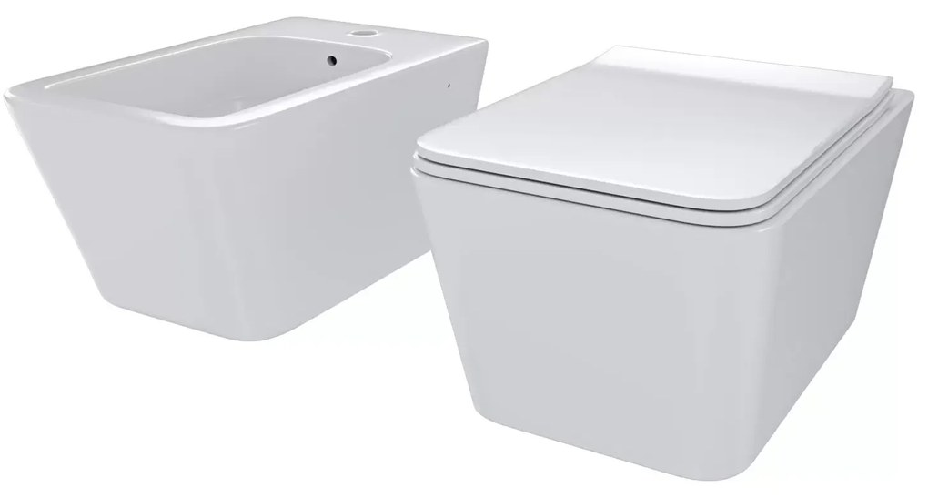 Coppia Sanitari Sospesi Vaso WC E Bidet Sospeso Design Moderno Quadrato In Ceramica Con Copriwater Chiusura Soft Close Chiusura Rallentata Colore Bianco Lucido