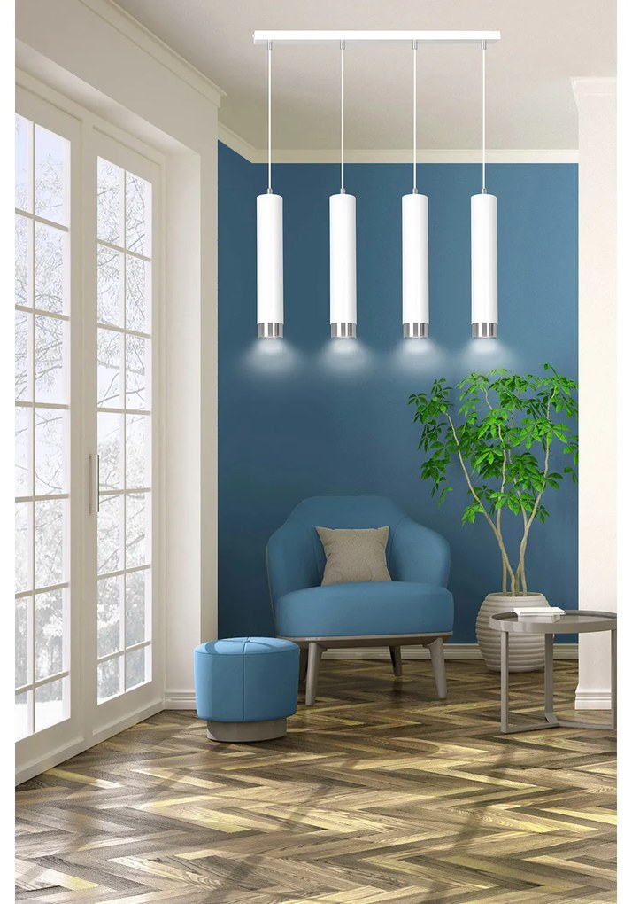 Lampadario 4 Luci Brunilde In Acciaio Bianco E Tubolari In Bianco E Cromo