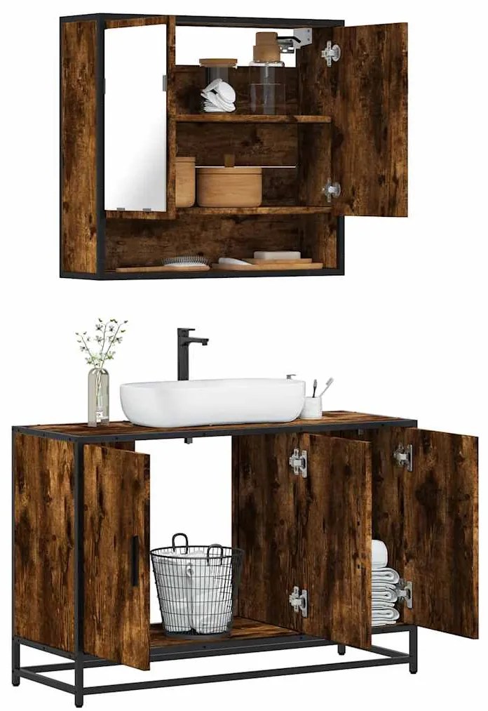 Set Mobili Da Bagno 2 Pz Rovere Fumo İn Legno Multistrato /