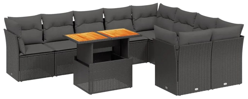 Set divani da giardino 10pz con cuscini in polyrattan nero