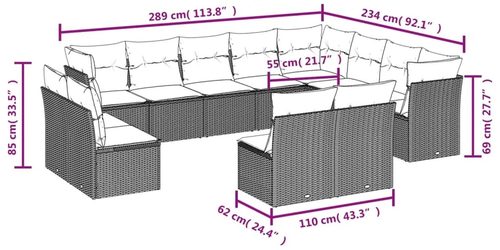 Set Divani da Giardino 12 pz con Cuscini Marrone in Polyrattan