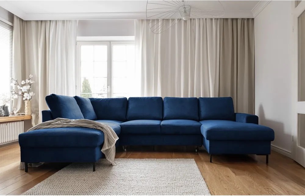 Divano letto angolare in velluto a coste blu scuro (angolo sinistro) Lofty Lilly - Miuform